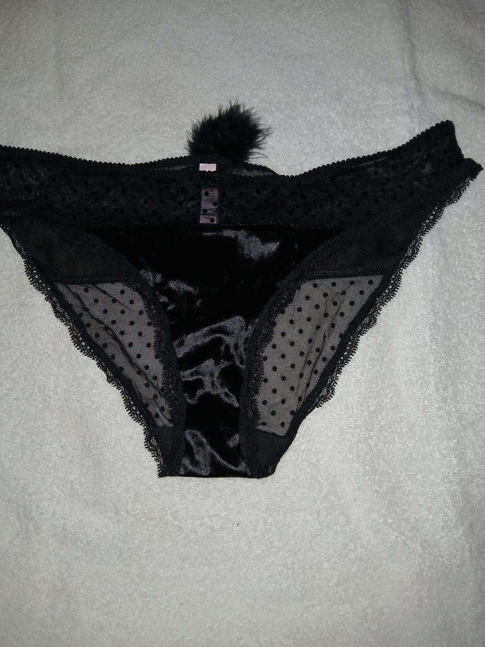 Victoria's Secret Black Satin & Sheer Polka Dot Bikini Panty with Pom Detail